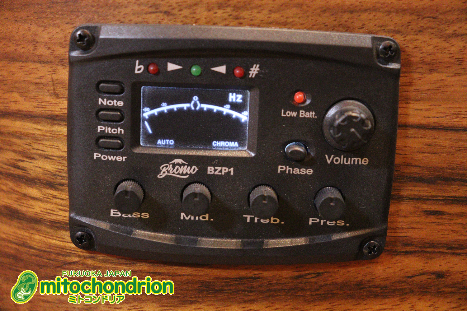 マホガニー・トップ、ウォルナット・サイドバックのエレアコで、チューナーも搭載しています！